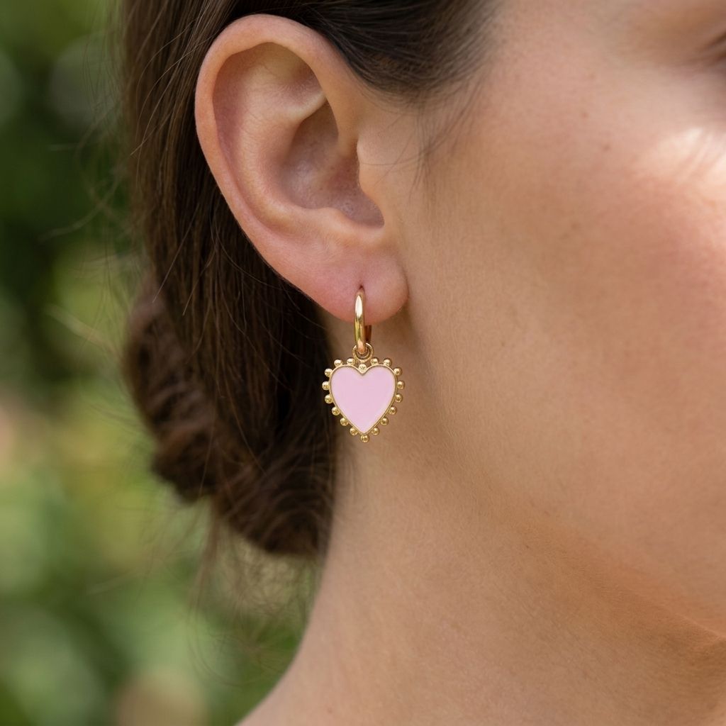 Close-up of a heart-shaped drop earring made of stainless steel with vibrant enamel, worn on a woman's left ear, outdoors.