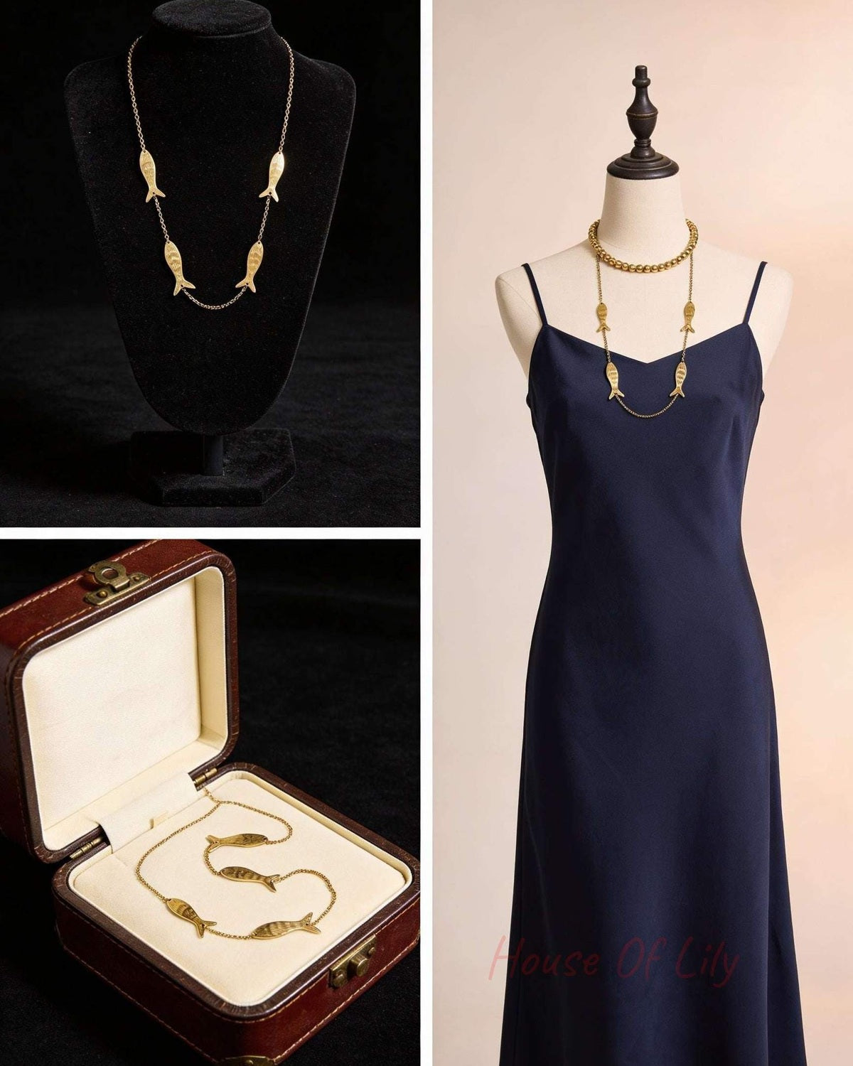 Catch Of The Day gold-tone chain necklace featuring four stylized fish charms, shown on a display, mannequin, and in a box.