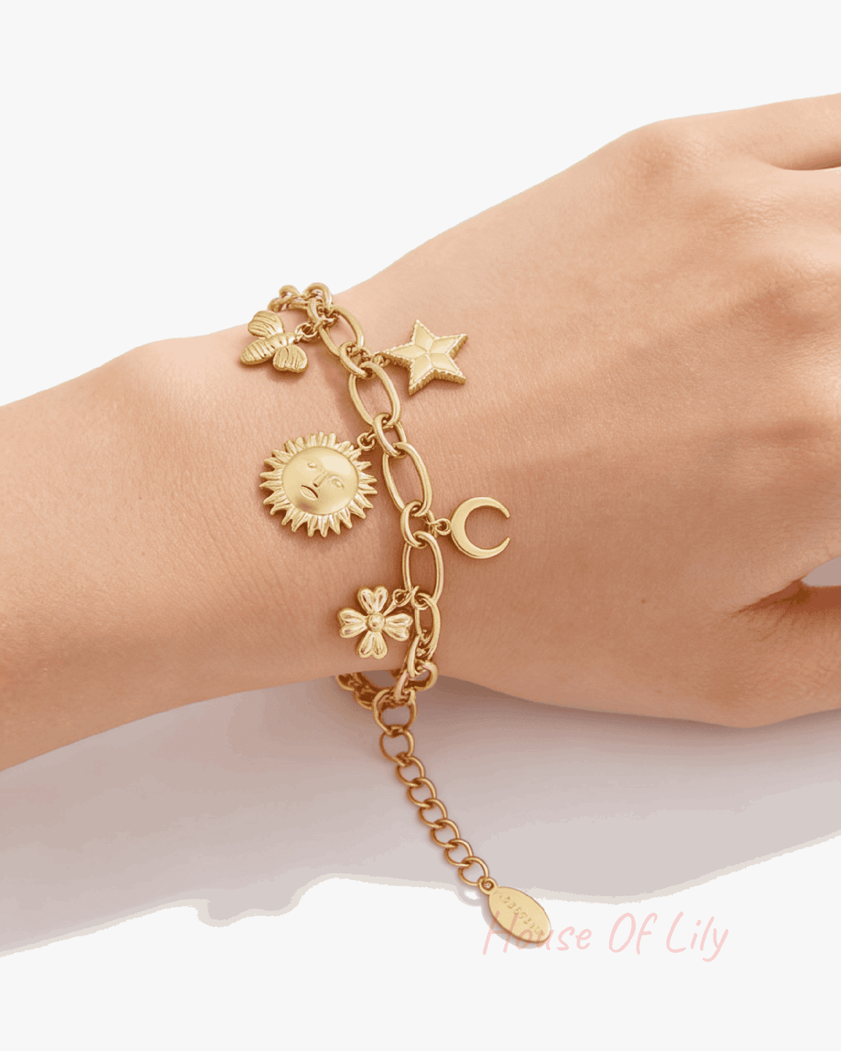 Gold-tone charm bracelet featuring sun, moon, star, butterfly, and flower charms on an oval-link chain on a wrist.