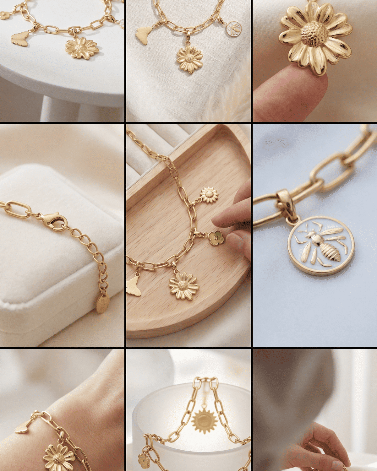 Gold-tone Elegant Floral Link Bracelet featuring dainty daisy, bee, and butterfly charms on a polished chain.