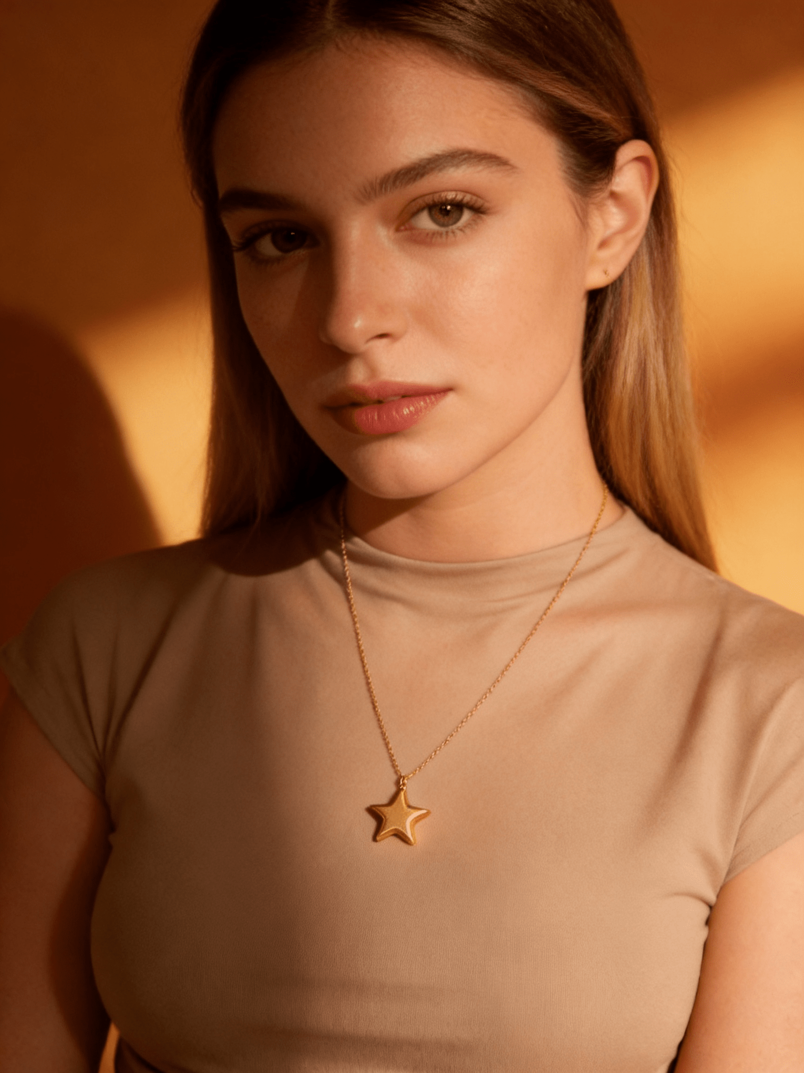 A woman wearing a gold star pendant on a delicate chain against a warm-toned background.