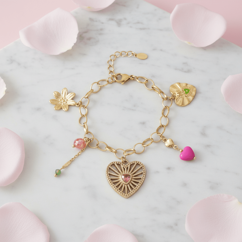 Gold chain charm bracelet with heart, flower, and crystal charms, displayed on a marble surface with rose petals.