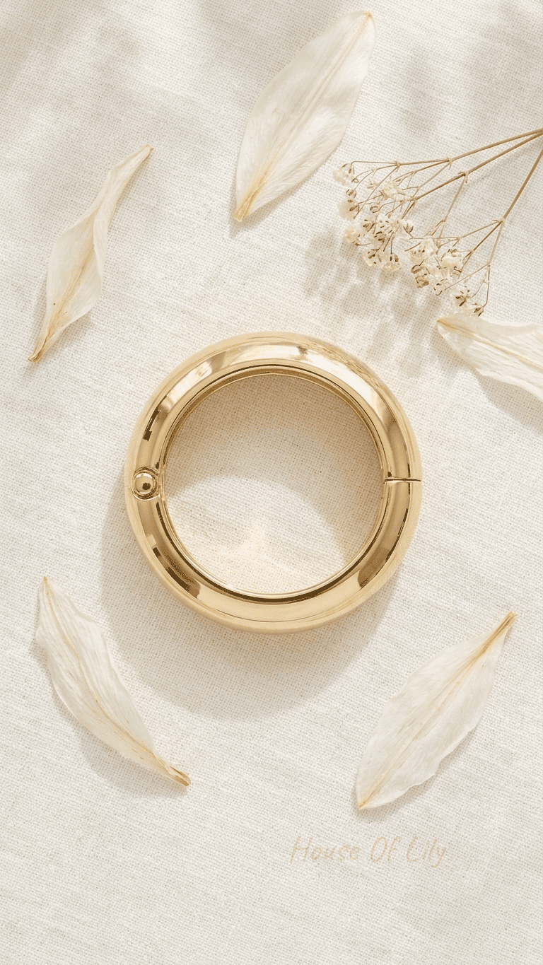 Chunky gold hinged bangle on a textured white background with scattered flower petals and baby's breath.