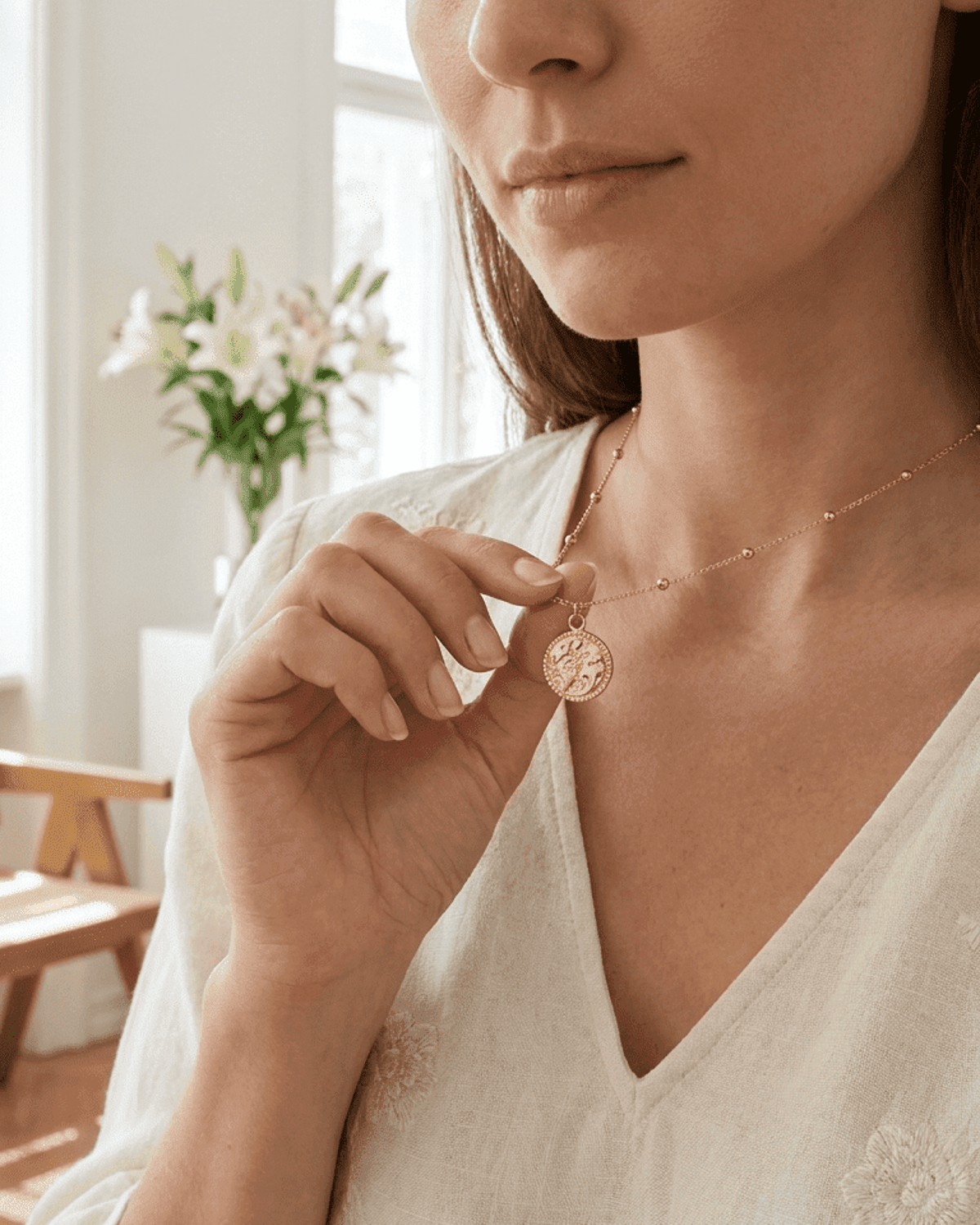 Gold coin pendant necklace on a delicate beaded chain, held by a woman in a cream blouse.
