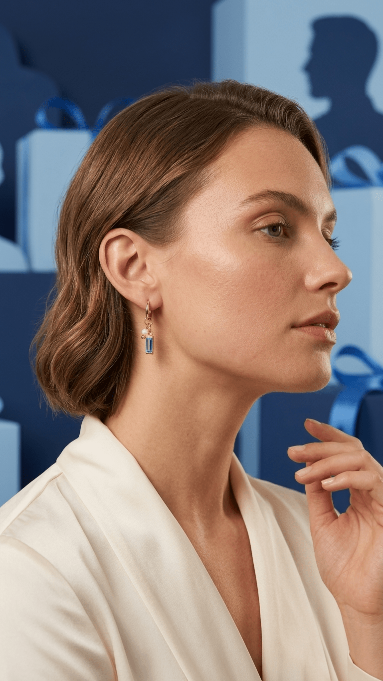 Dainty gold charm hoop earring with a small pearl and rectangular blue gemstone, worn by a woman in profile.