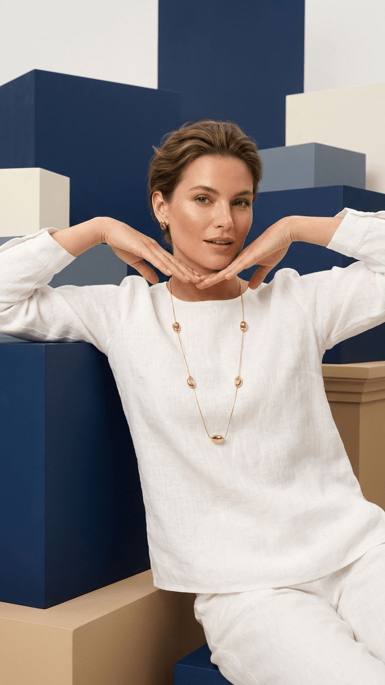 Model wears a long, modern gold chain necklace featuring polished gold bean-shaped charms over a white linen top.