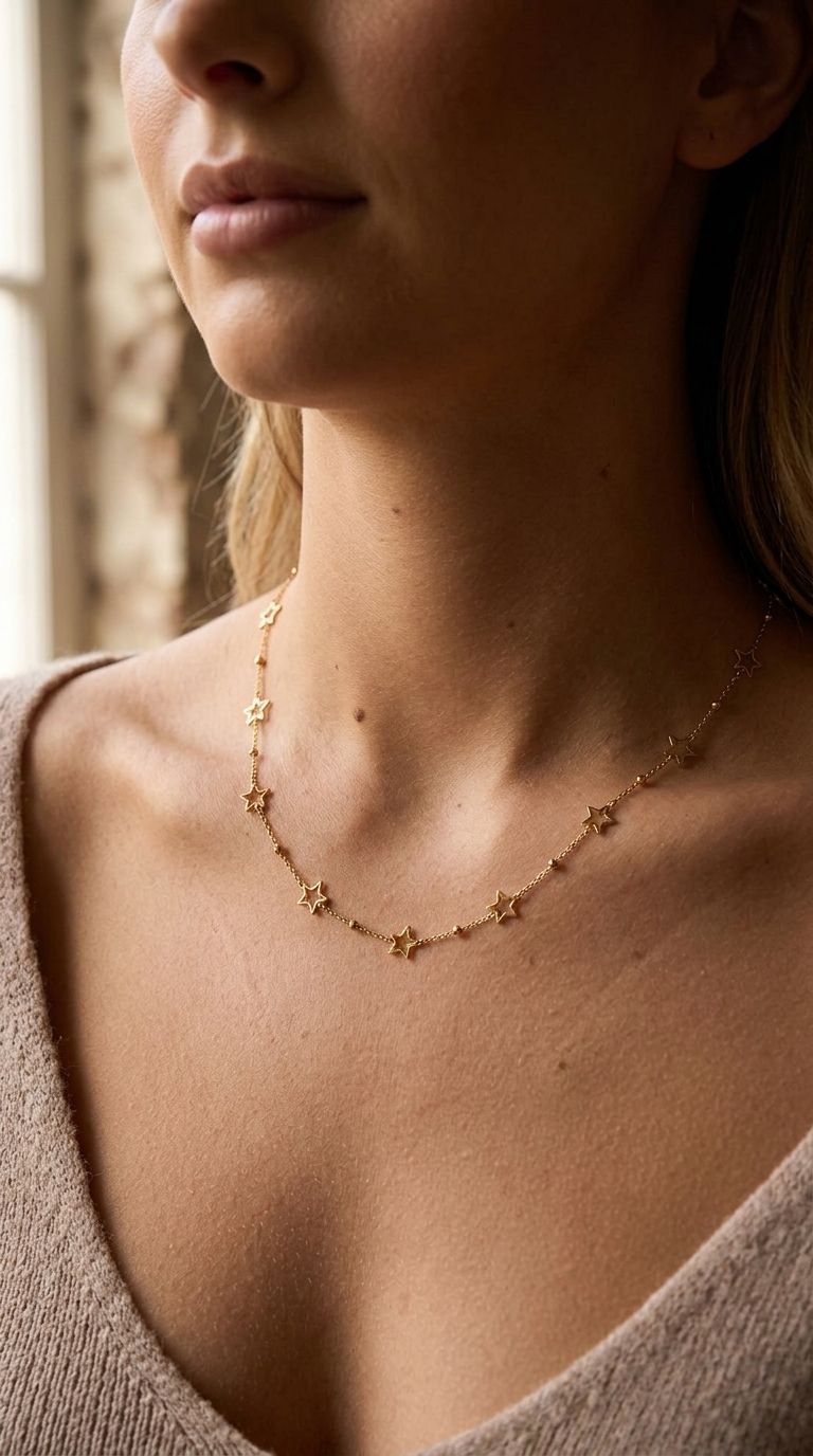 Full-body scene of woman wearing the Celestial Bestie Gold necklace in a warm, cozy indoor environment.