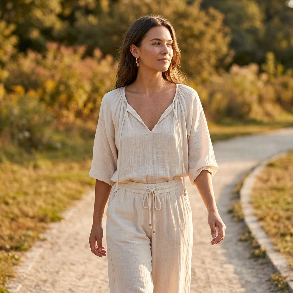Full-body woman in a park wearing dainty charm hoops during golden hour, highlighting whimsical jewelry style.
