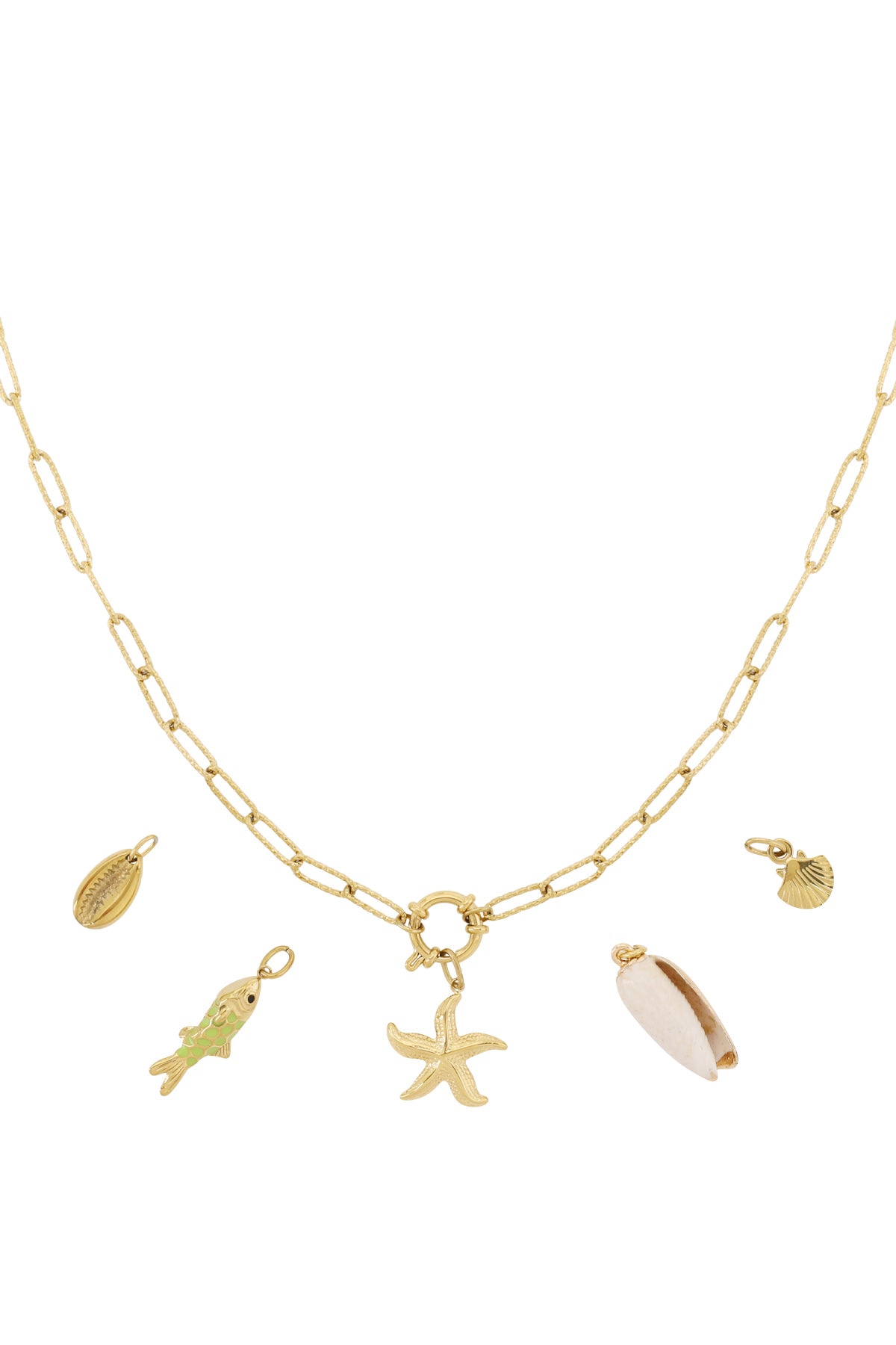 Golden chain necklace with interchangeable ocean-themed charms including starfish, fish with green enamel, shells and a cowrie shell on a white background