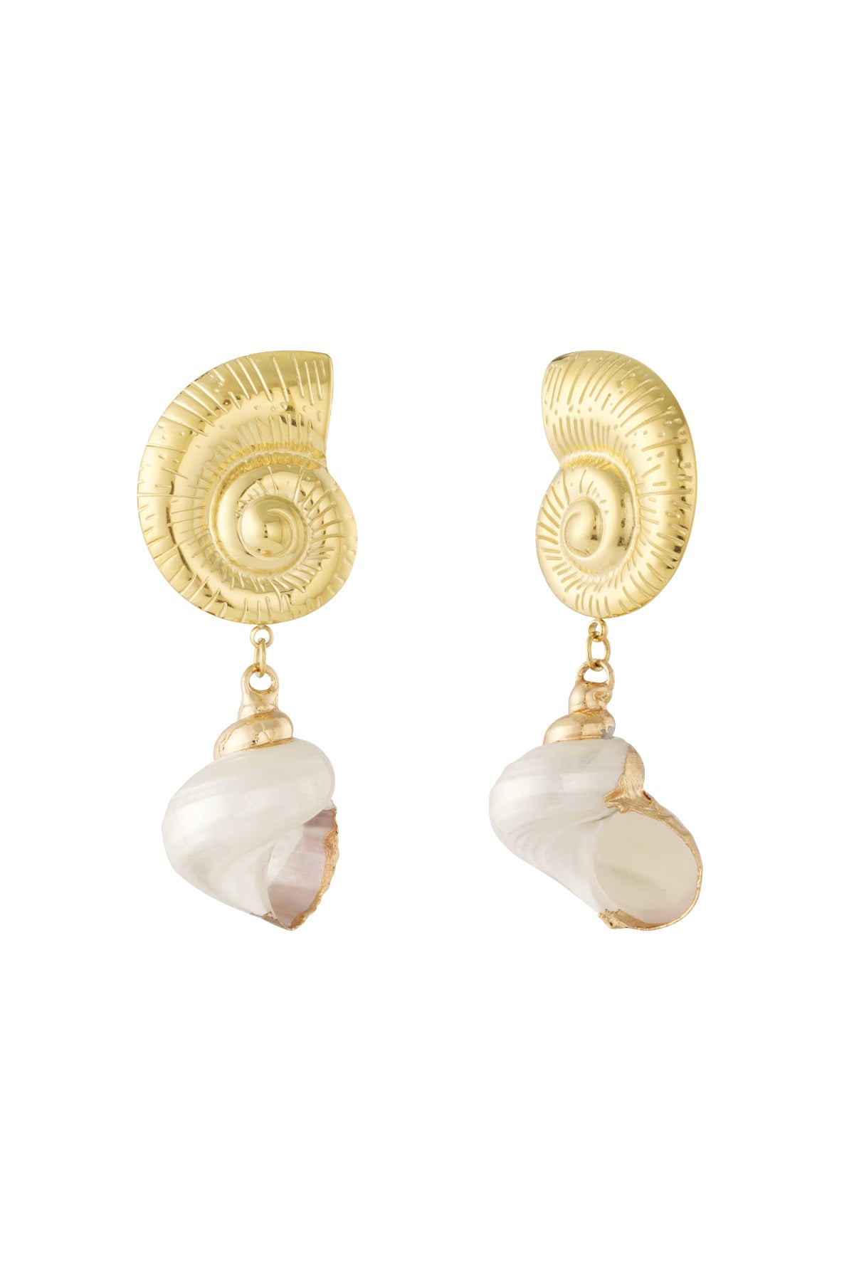 Gold-tone spiral shell drop earrings with dangling natural white shell charms on white background