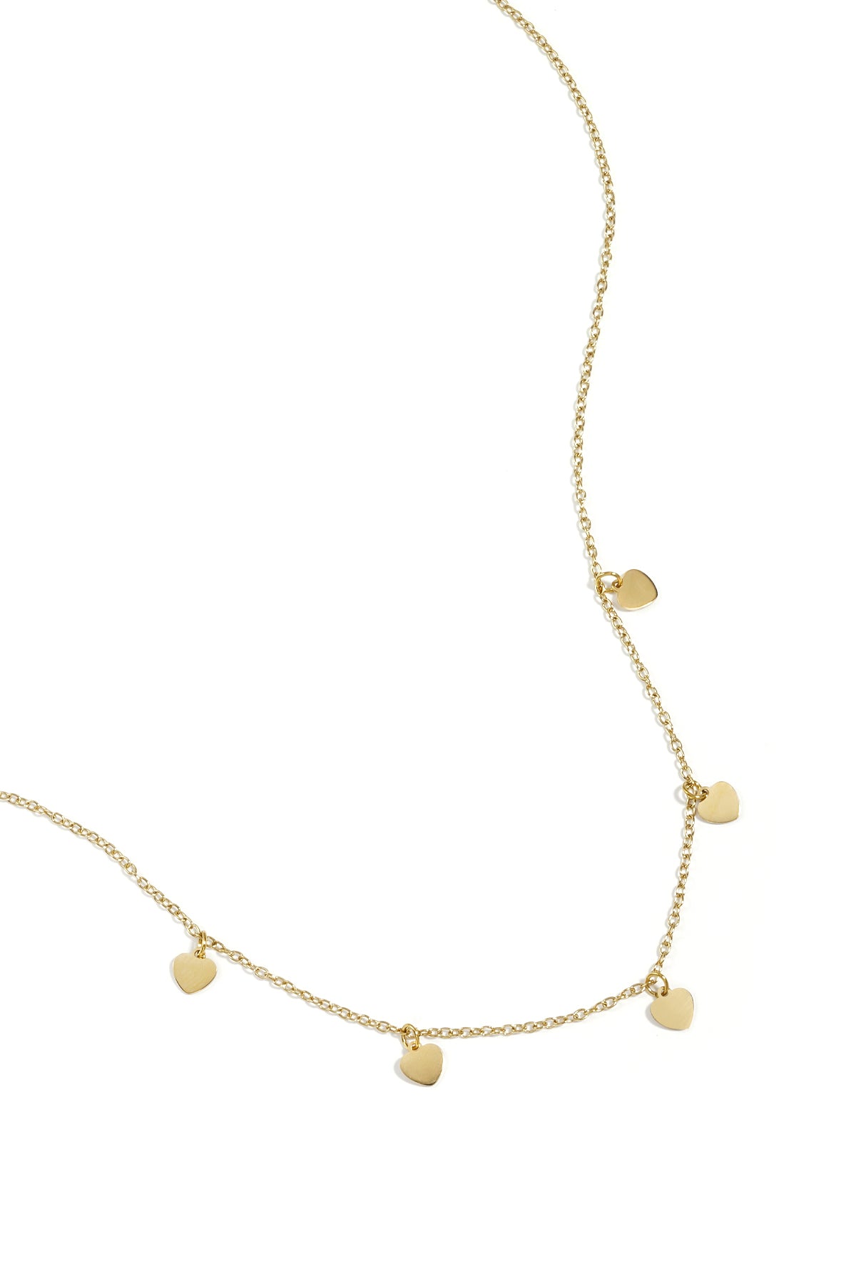Gold chain necklace with five small, dainty heart-shaped charms spaced evenly along the delicate link chain.