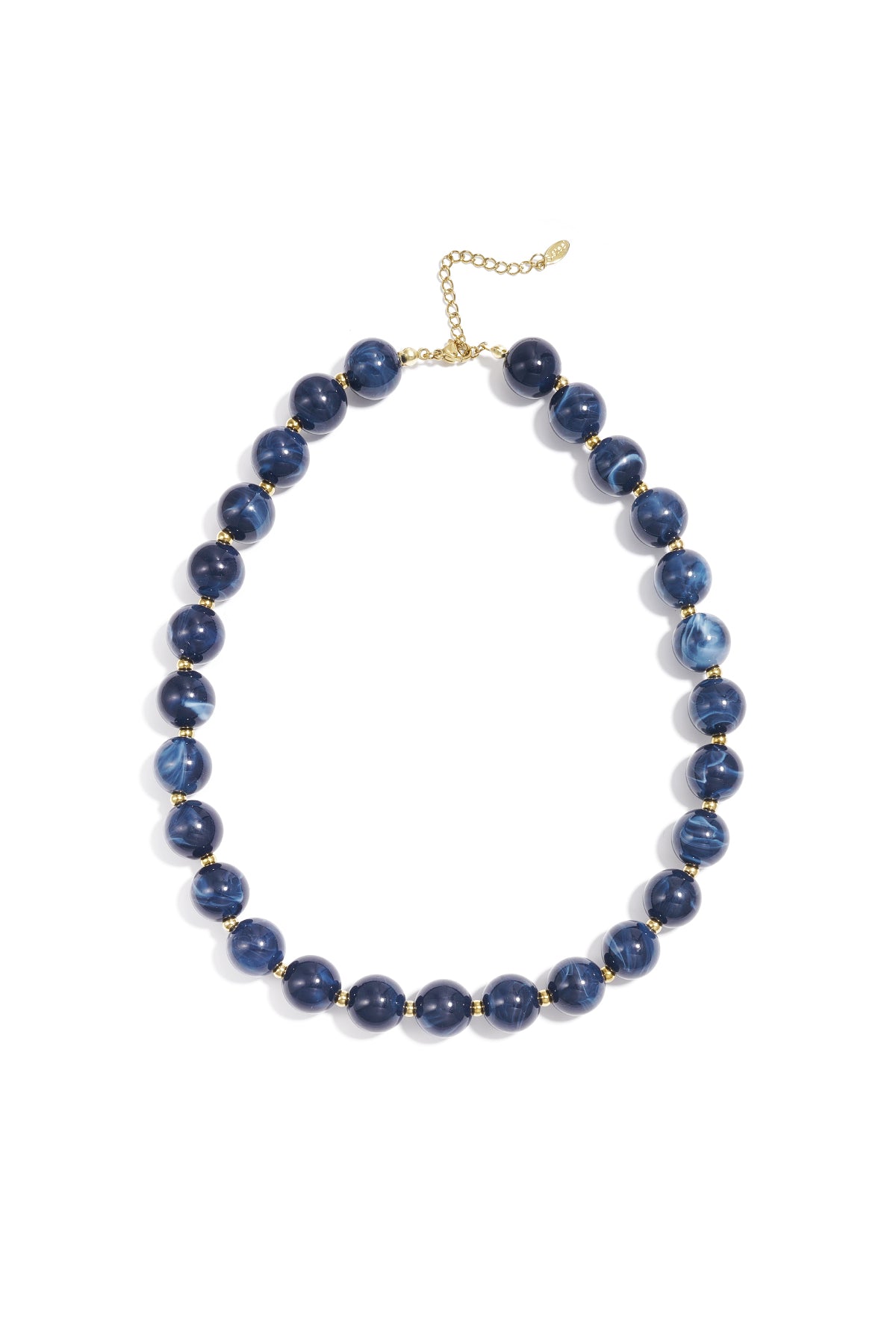 Red marbled chunky beaded necklace with gold spacer beads and adjustable gold chain on white background