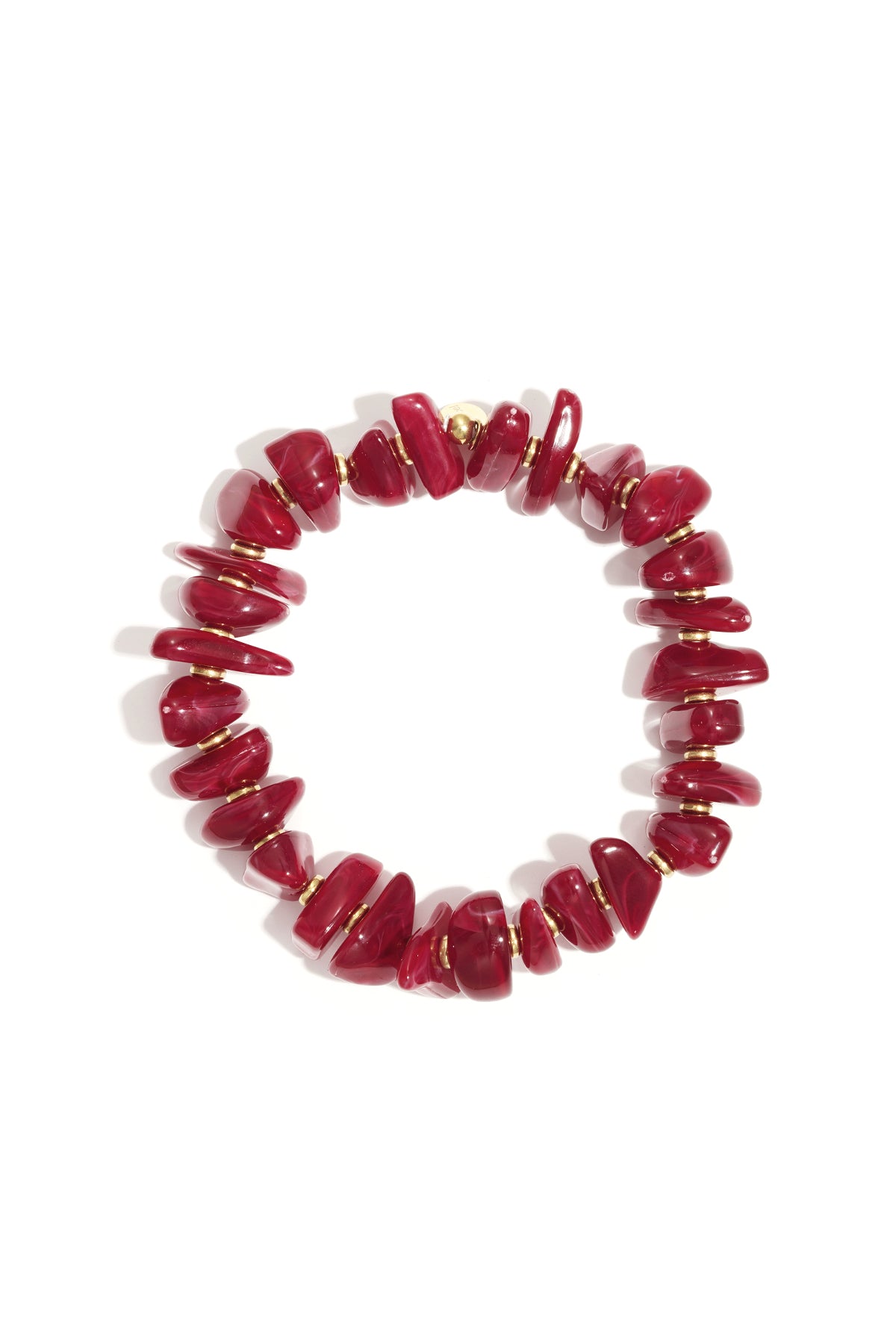 Deep red chunky beaded stretch bracelet with gold-tone spacers on white background
