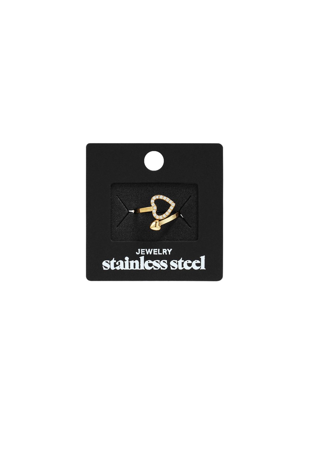 Gold-tone stainless steel ring featuring a pavé heart design on a slender, open-ended band on a black jewelry card.