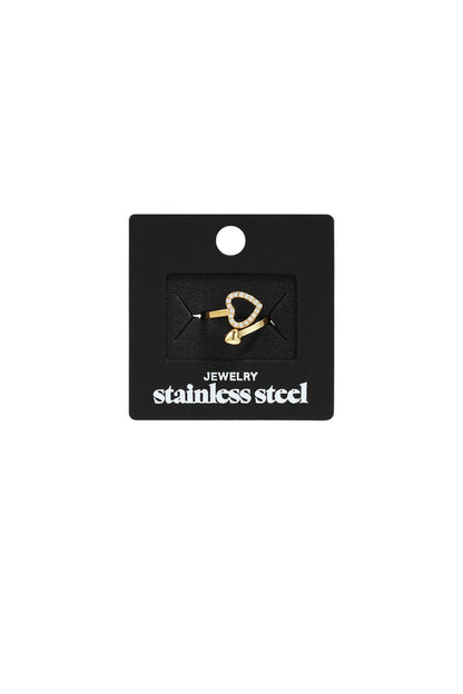 Gold-tone stainless steel ring featuring a pavé heart design on a slender, open-ended band on a black jewelry card.