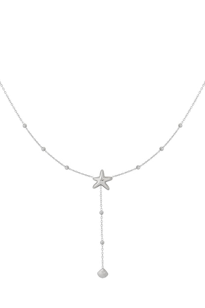 Silver starfish dangle necklace showing fine chain design and ocean-inspired charms on plain white background