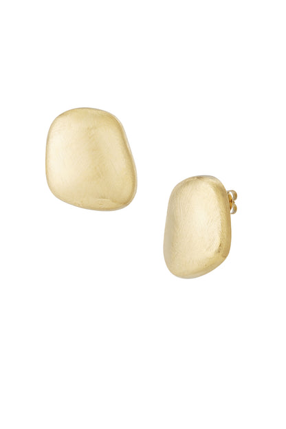 Pair of organic pebble-shaped stud earrings in brushed gold finish on white background