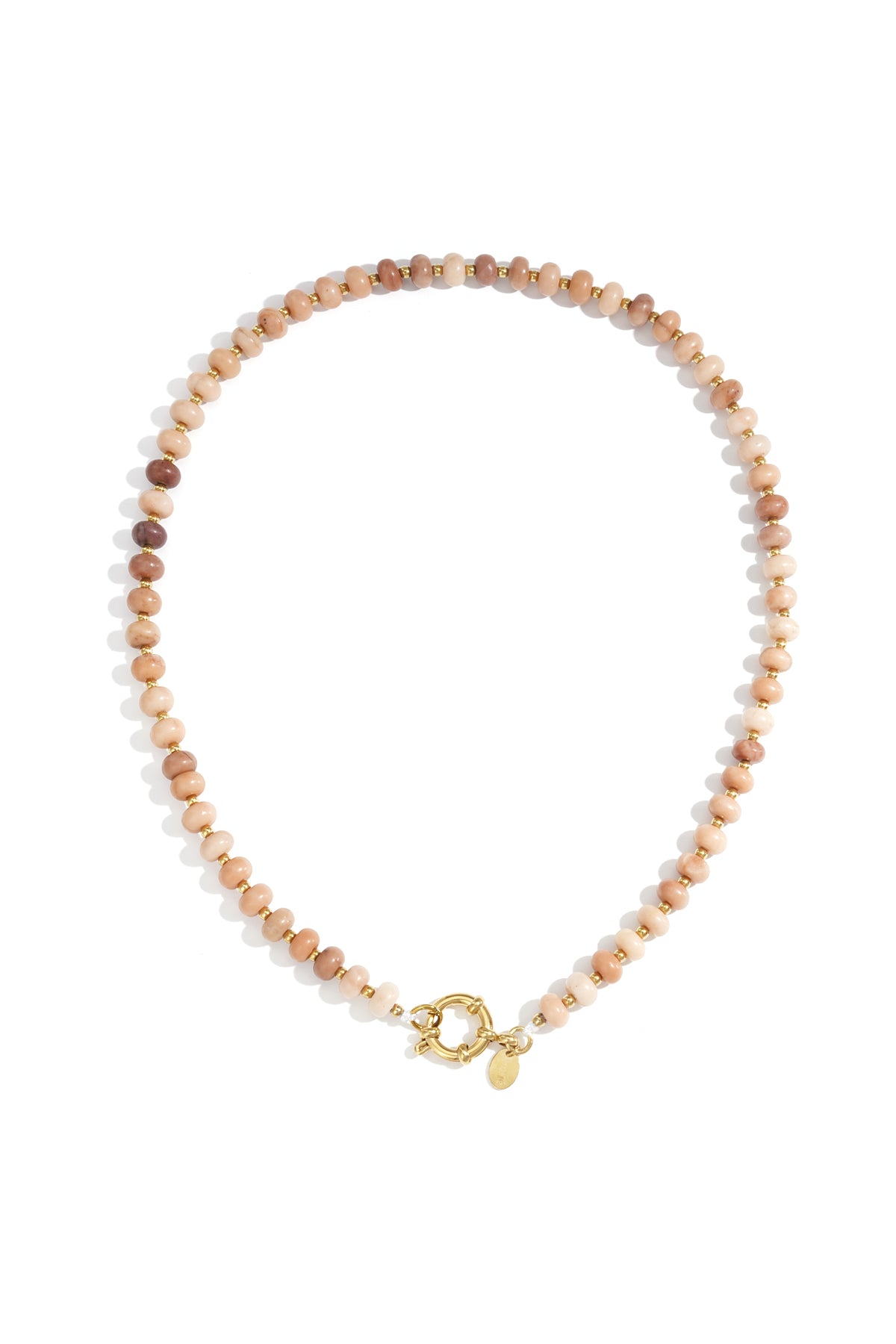 Beaded necklace with smooth, earth-toned stones and small gold spacers, finished with a gold clasp and logo charm.
