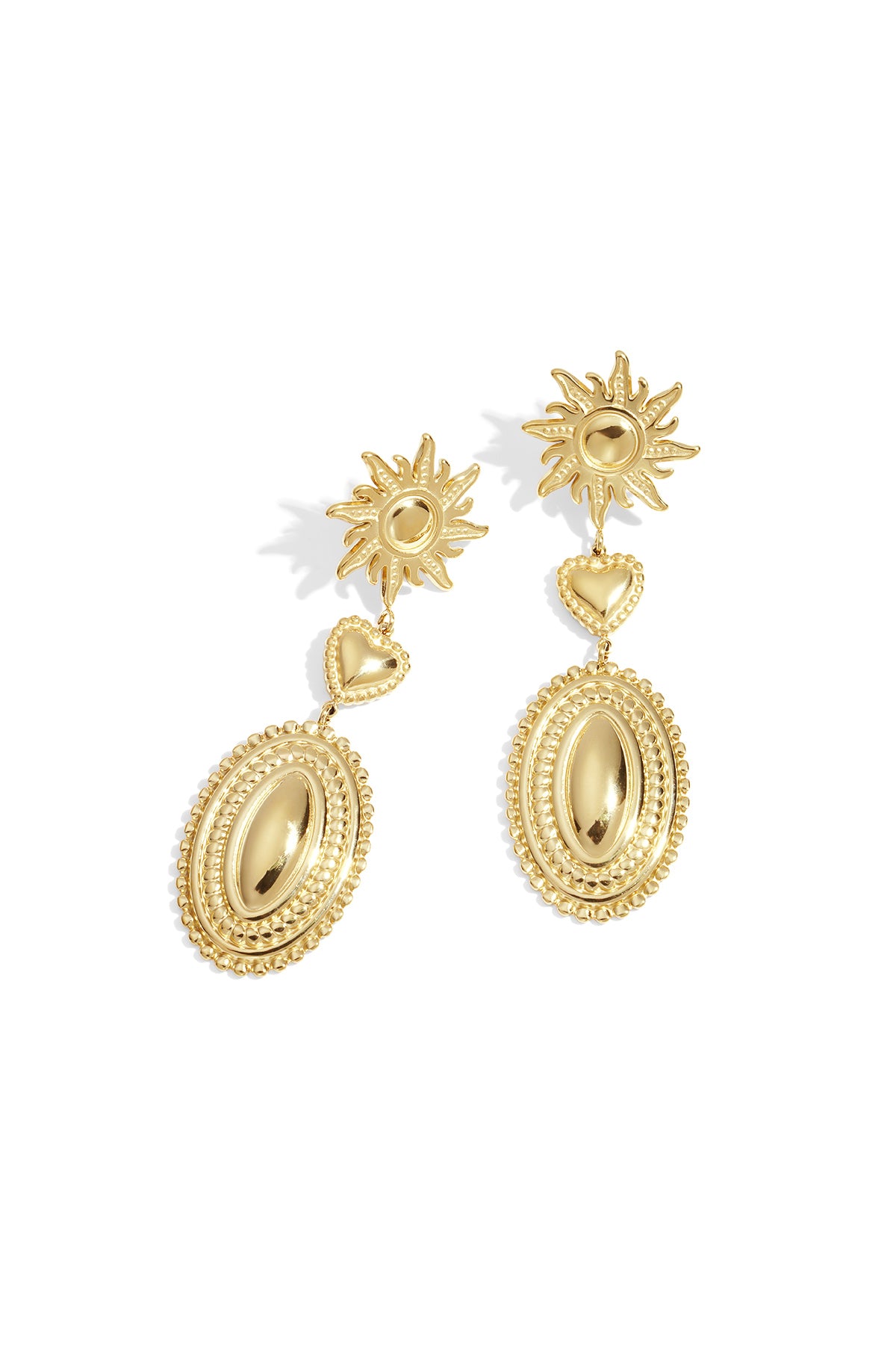 Pair of gold dangle earrings featuring sun, heart, and oval motifs with decorative beaded edging.