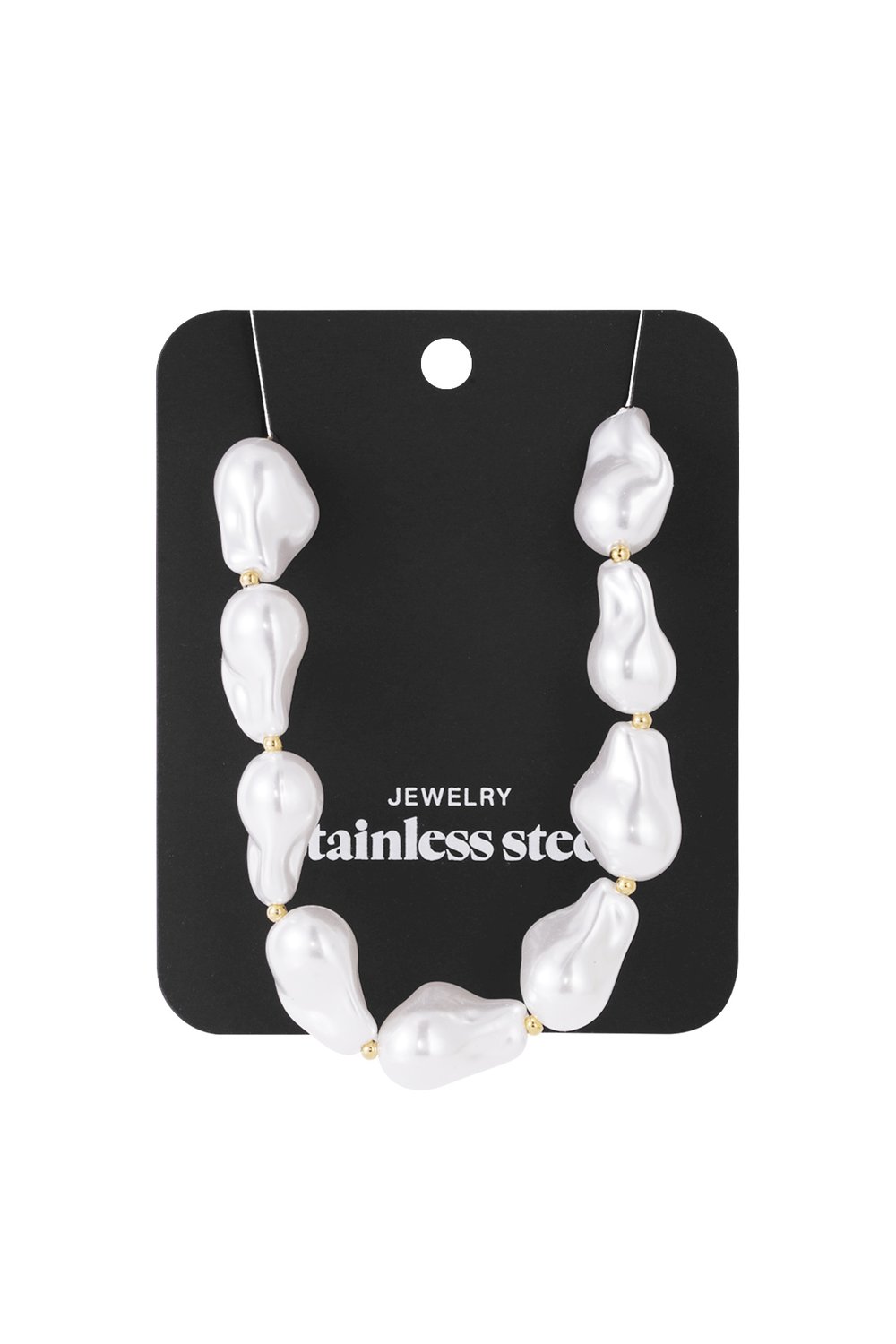 Baroque imitation pearl necklace with white, irregularly shaped beads and small gold-tone spacers on a display card.