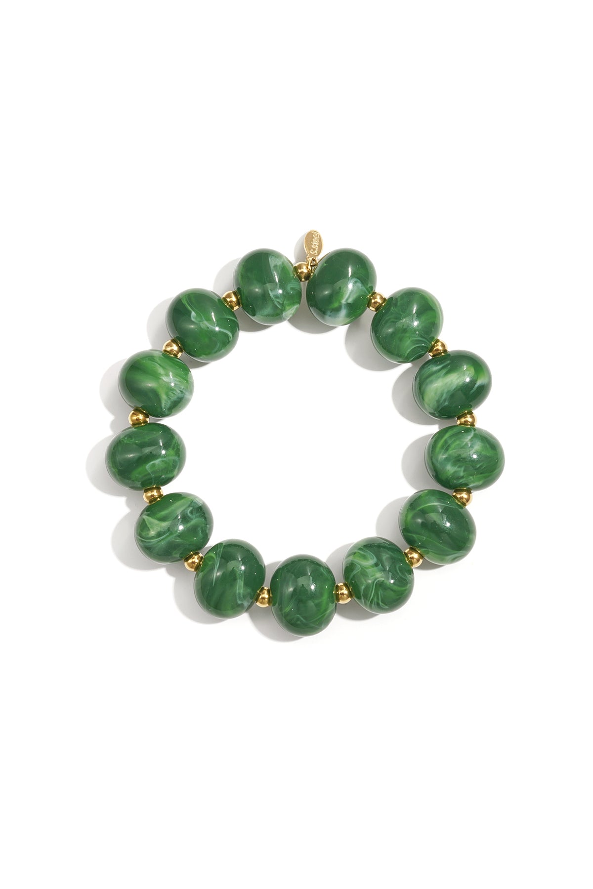Green marbled beaded stretch bracelet detailed view with gold accent beads on white background