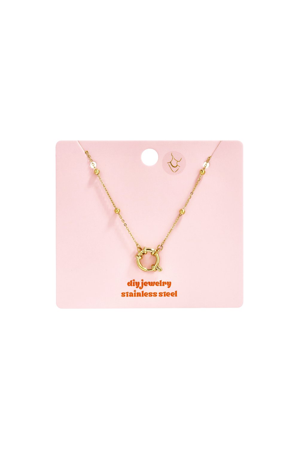 Dainty gold stainless steel necklace with a delicate chain, bead accents, and a circular spring-ring clasp.