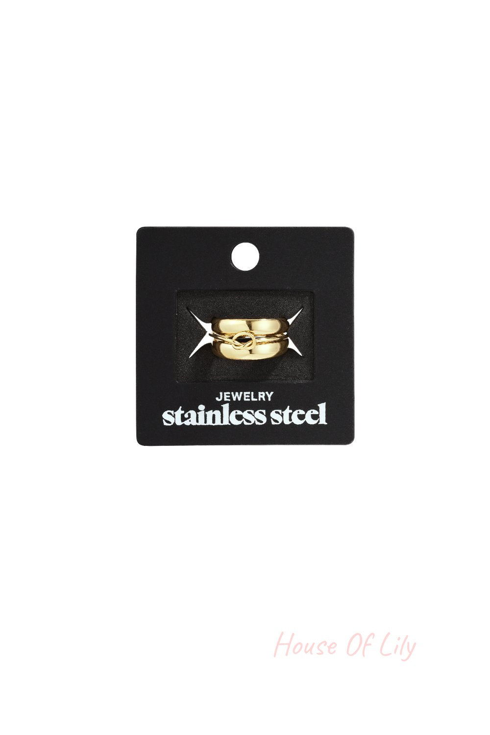 Wavy Gravy gold-toned stainless steel ring featuring a delicate, knotted center detail on a black display card.