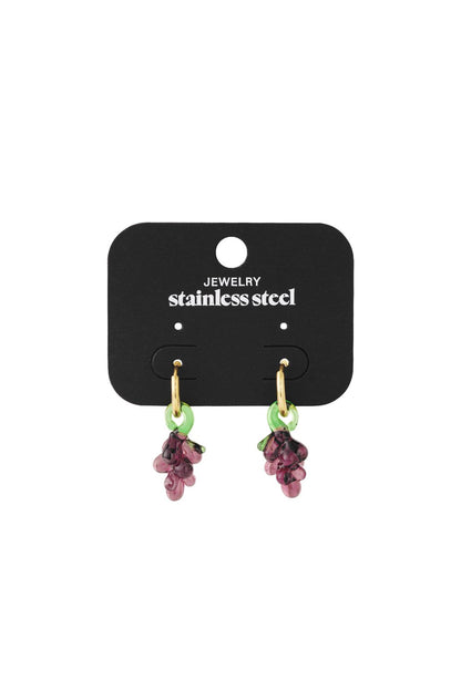 Juicy Grape Glaze hoop earrings featuring purple glass grapes with green stems on gold-toned stainless steel hoops.