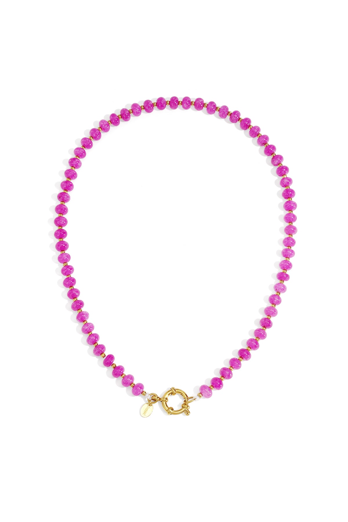 Close-up of a sky blue stone beaded necklace with gold beads and toggle clasp