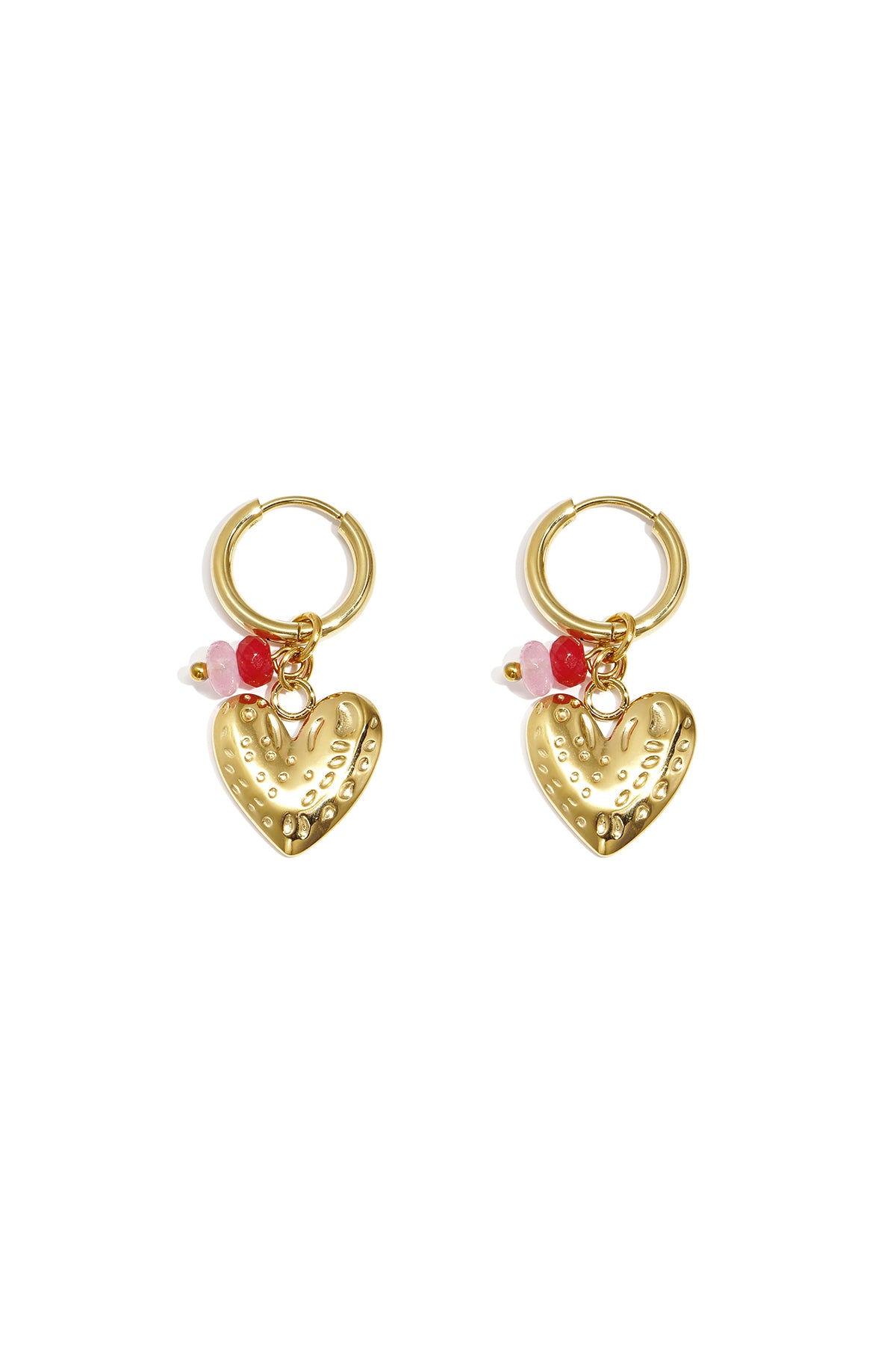 Pair of gold hoop earrings with textured heart pendants and pink and red bead accents displayed on white background