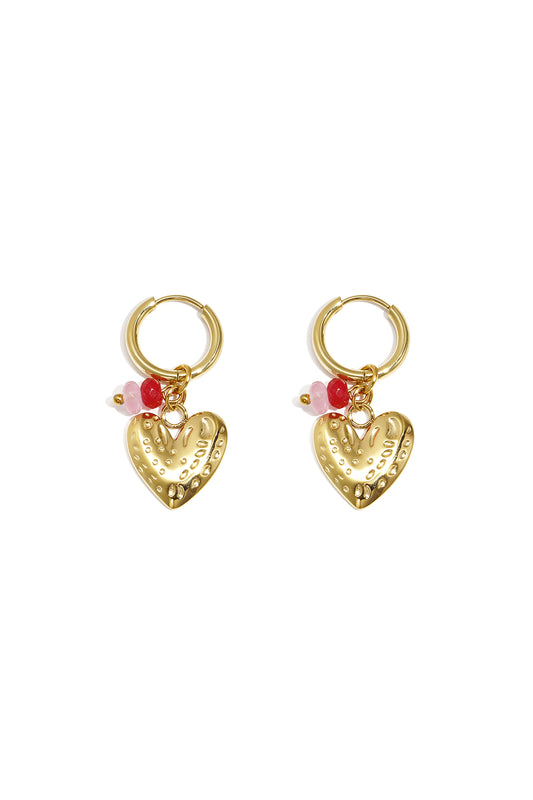 Pair of gold hoop earrings with textured heart pendants and pink and red bead accents displayed on white background