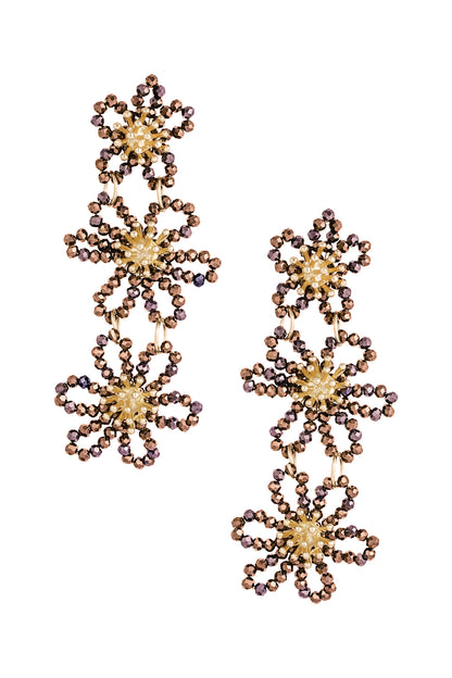 Front view of brown floral beaded earrings with gold accents