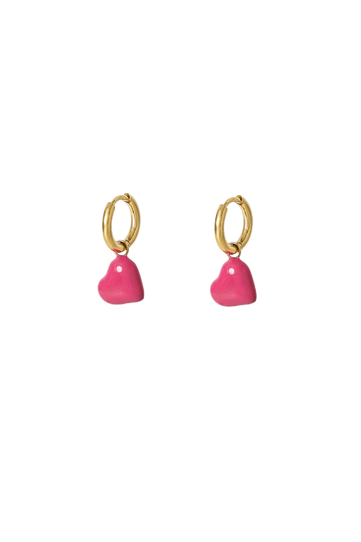 Pair of gold hoop earrings with bright pink enamel hearts displayed on white background
