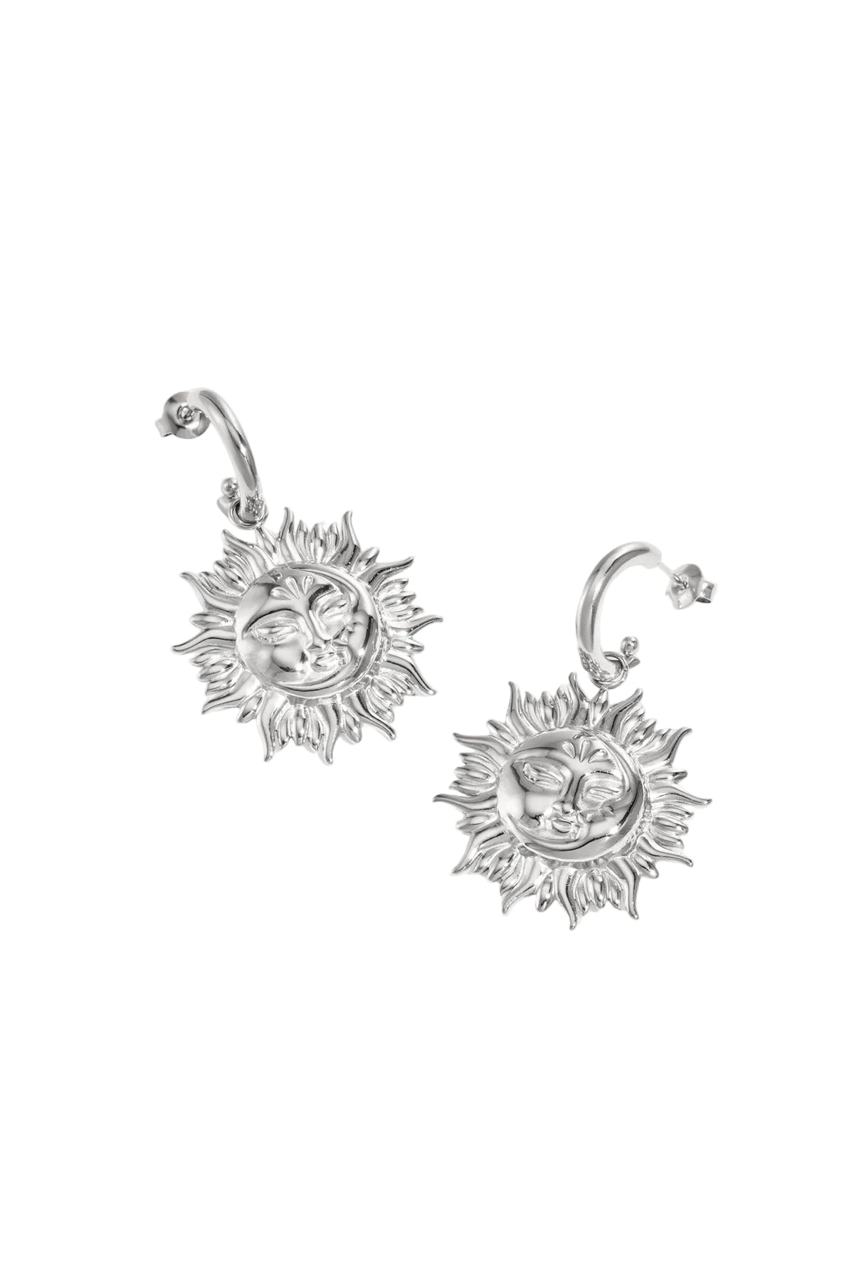 Pair of silver sun face drop earrings with sun motif on white background