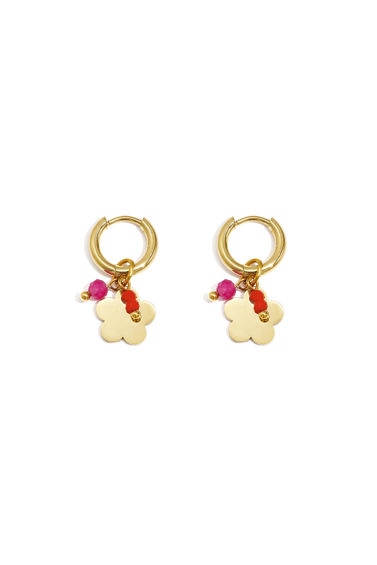 Pair of gold-plated hoop earrings with flower-shaped charm and pink-red beads on white background