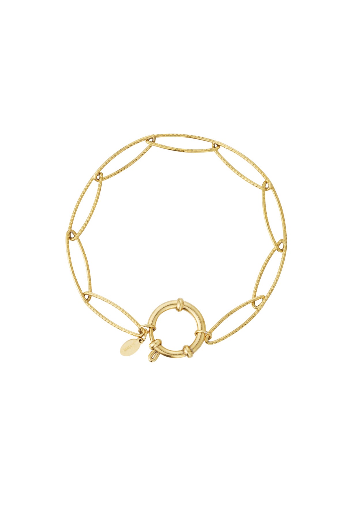 Gold link bracelet with elongated textured chain links and round toggle clasp on white background