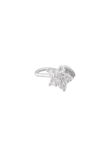 Close-up of a silver-toned floral ear cuff with six clear crystals arranged in a flower pattern on a white background