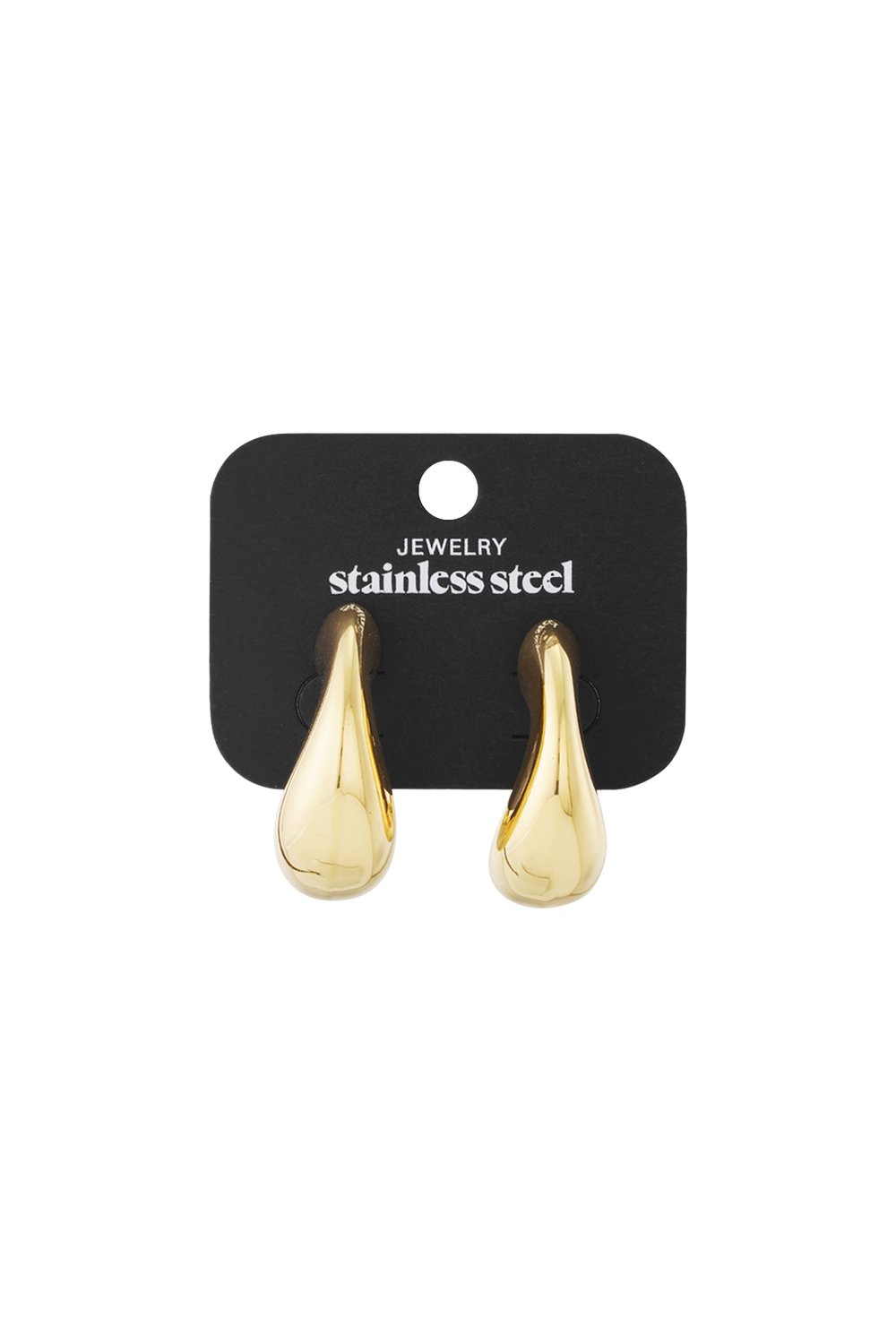 Liquid Gold Puffy Hoops: Minimalist, teardrop-shaped gold stainless steel earrings on a black display card.