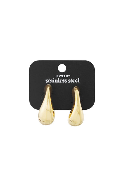 Liquid Gold Puffy Hoops: Minimalist, teardrop-shaped gold stainless steel earrings on a black display card.