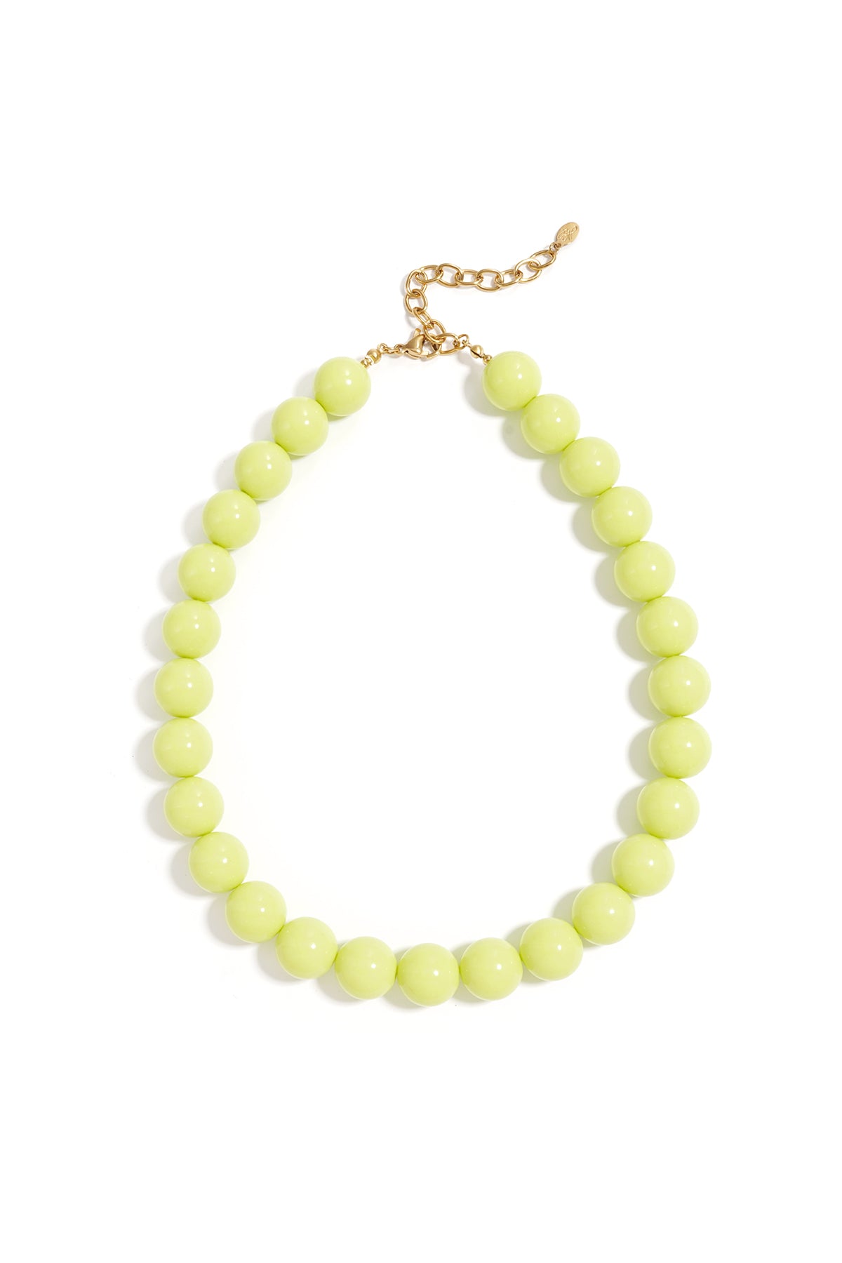 Chunky beaded necklace featuring vibrant lime-green round beads and a gold-tone chain clasp on a white background.