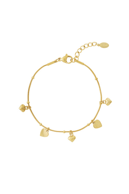 Gold-tone delicate bracelet with five small heart charms and adjustable chain clasp on white background