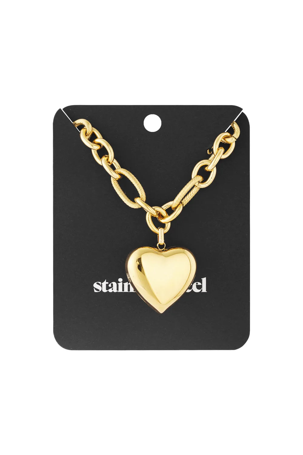 Gold-tone Heart Melter pendant necklace on a chunky oval-link chain displayed on a black stainless steel display card.