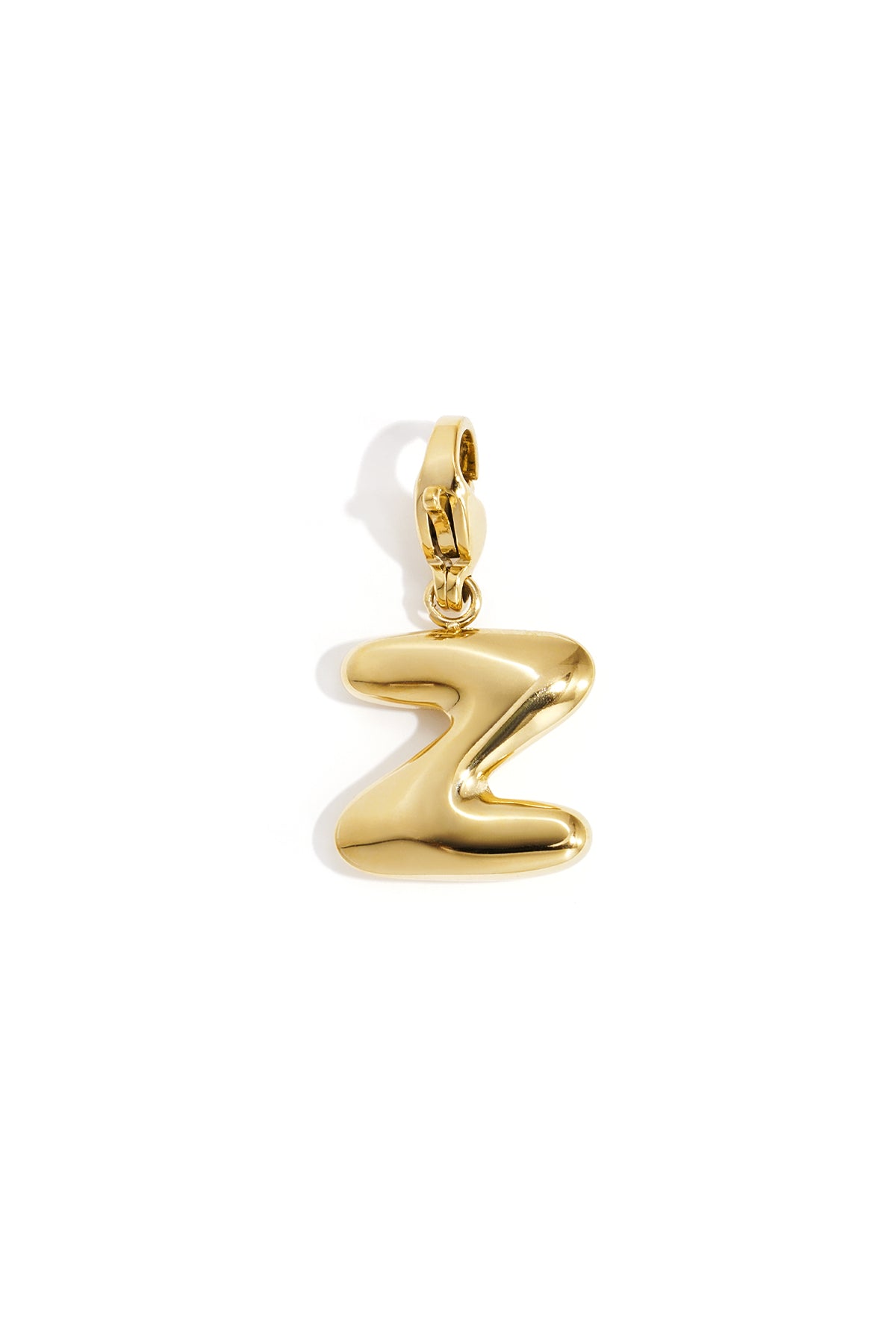 Polished gold-tone initial charm in the shape of the letter Z, featuring a smooth, puffed design and lobster clasp.