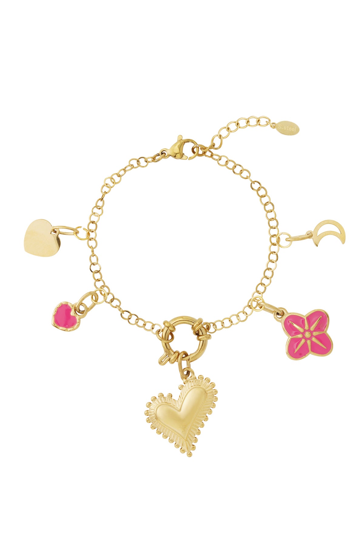Gold-plated charm bracelet laid flat with four detachable charms: heart, pink enamel heart, pink flower, and crescent moon, shown on white background