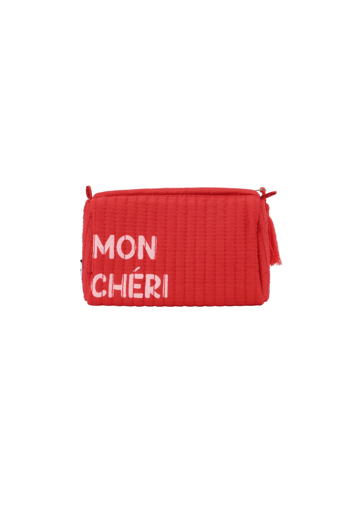 Red quilted makeup bag with white MON CHÉRI lettering and tassel zipper pull