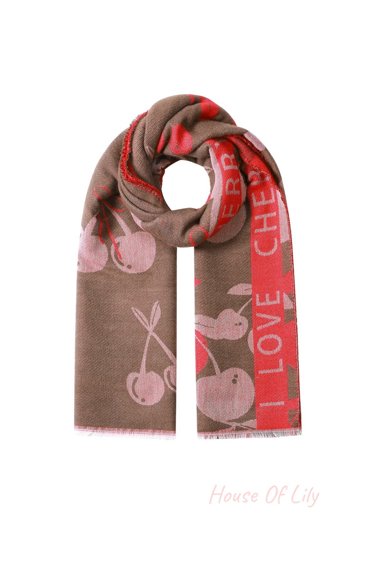 Folded brown and red cherry print scarf with fringed edges on white background