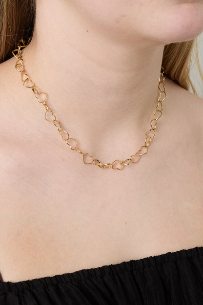 Model wearing gold heart link chain necklace without charm, showing delicate heart-shaped links against skin