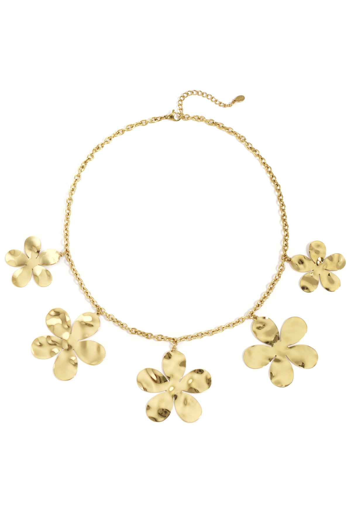 Gold-toned hammered flower necklace with five flower pendants on medium-link chain laid flat