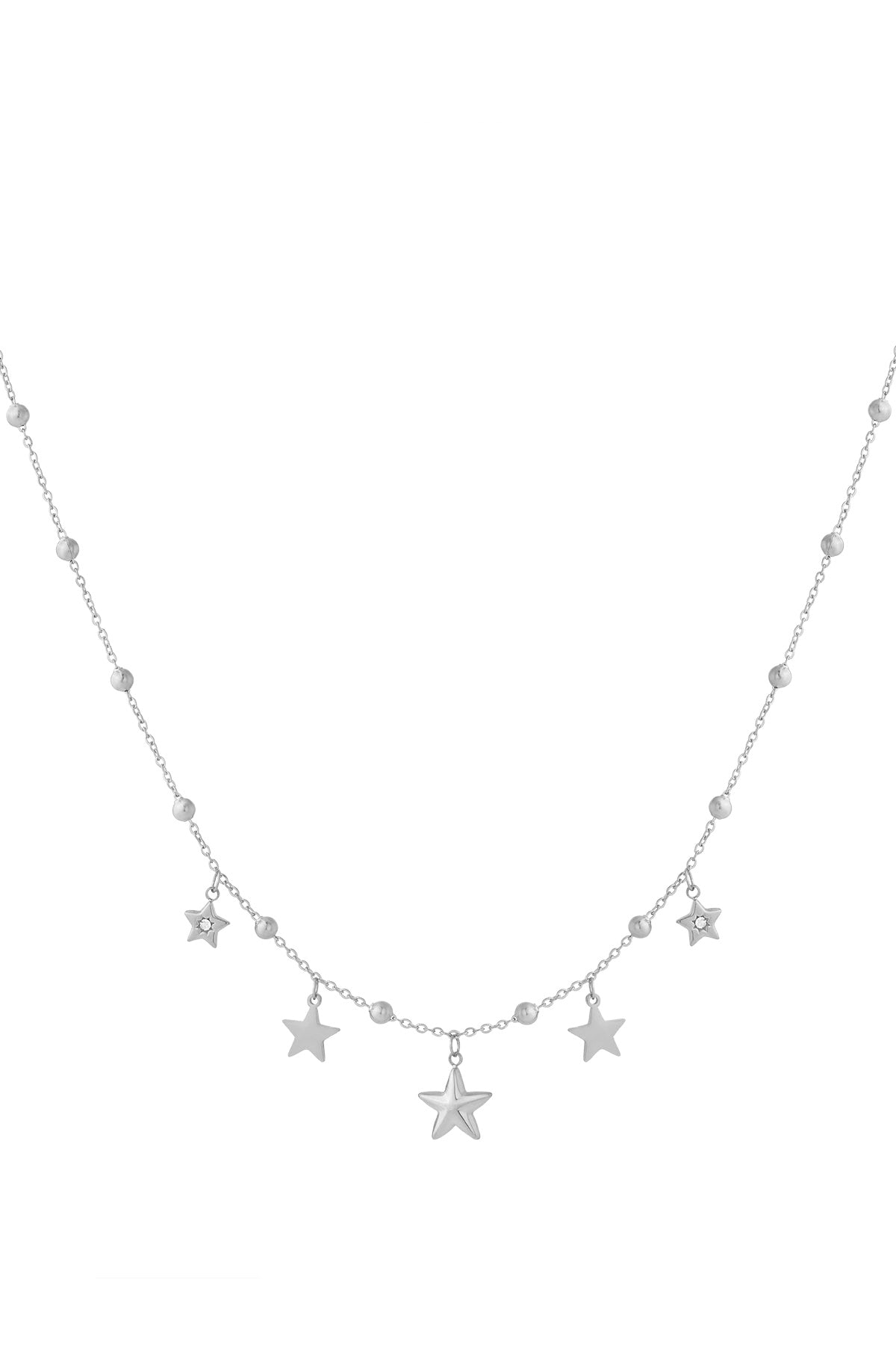 Silver star charm pendant necklace with small beads on chain, isolated on white background