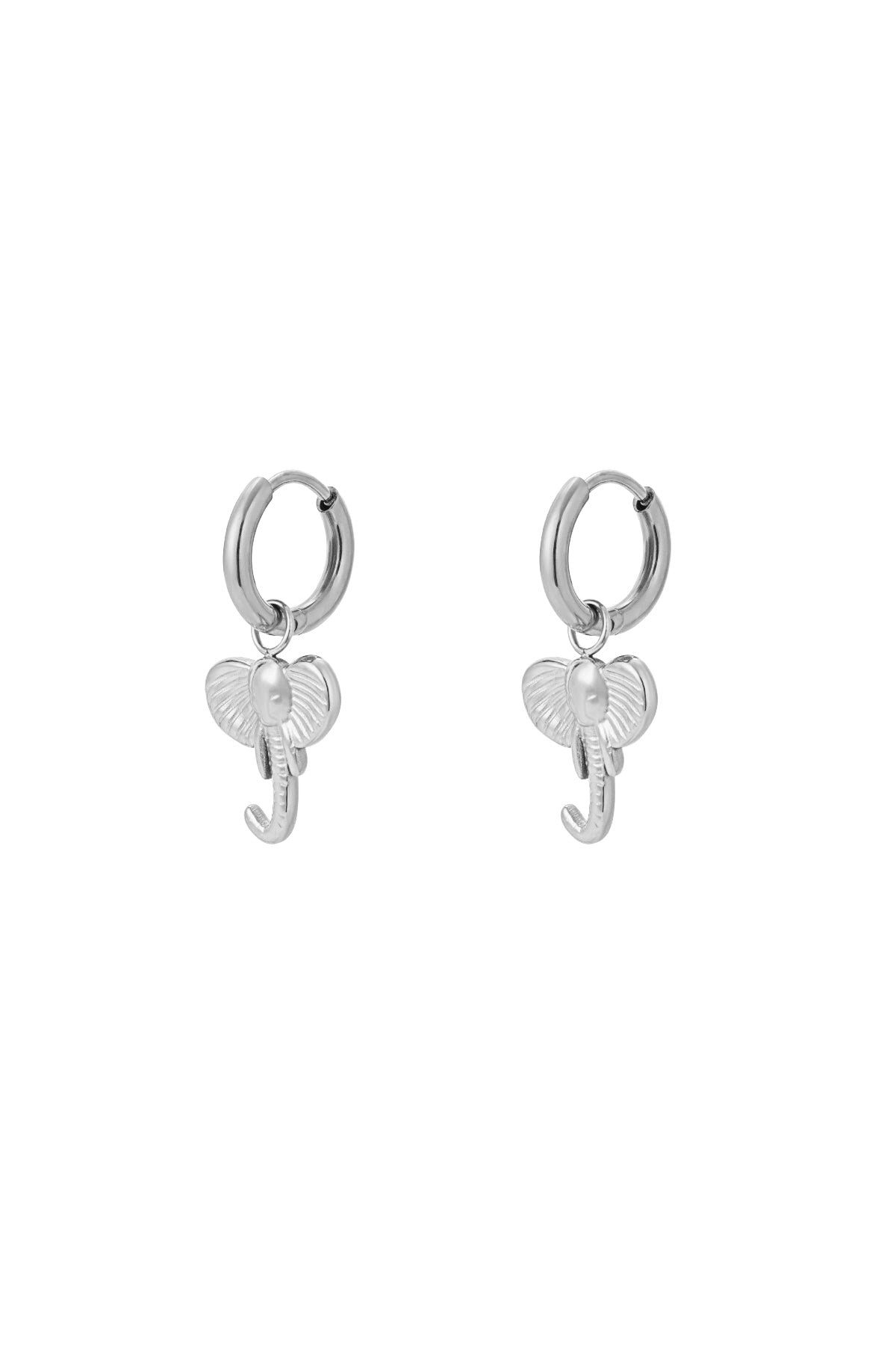 Pair of silver plated hoop earrings with dangling elephant head charms on white background